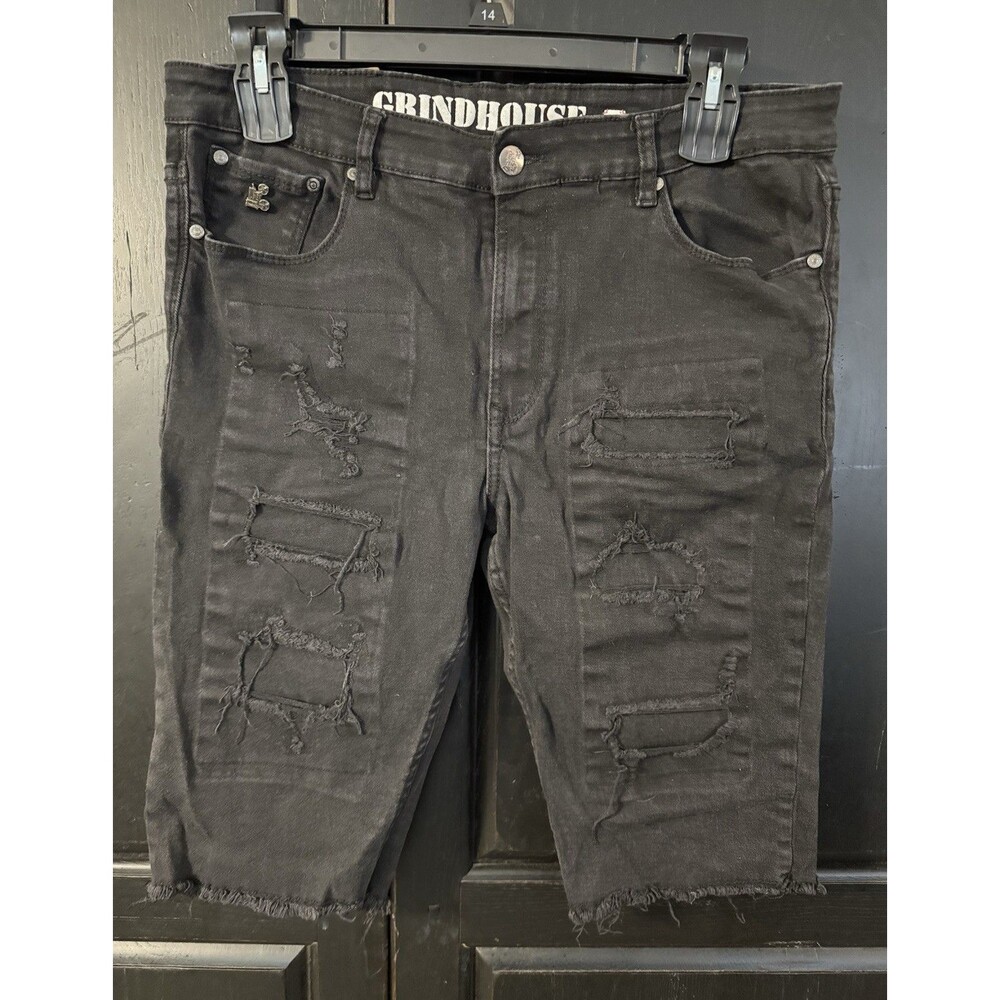 Grindhouse Denim Men’s Black Distressed Cutoff Shorts Dark Wash Button 5-Pkt